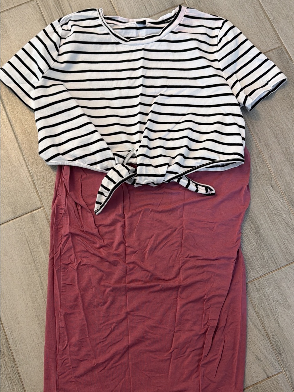 Maternity Striped Tie-Front Top and Dusty Rose Skirt Set